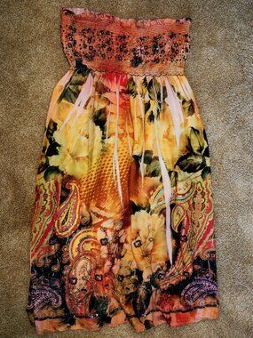 LAPIS Multicolor Yellow Sequin Empire Lined Strapless Dress One Size Smocked